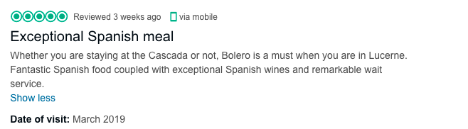 Text of review for Bolero restaurant inside CASCADA Hotel best wedding location in Luzern